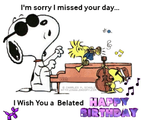 Snoopy Woodstock and friend Belated Happy Birthday gif  Happy birthday  piano Happy belated birthday Happy birthday snoopy images