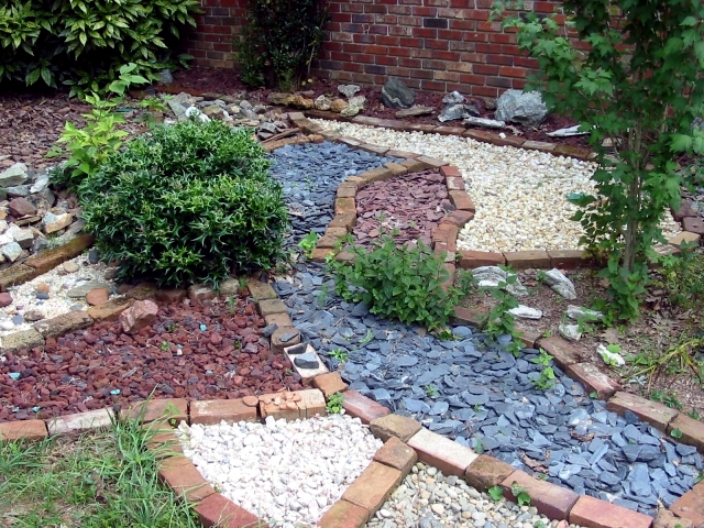 Image result for garden with coloured stones and brick