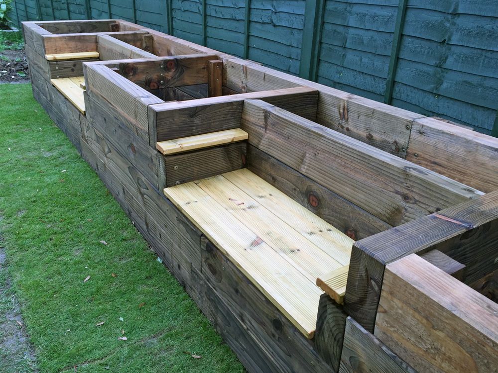 Les Mable39s raised beds with bench seats from new railway sleepers