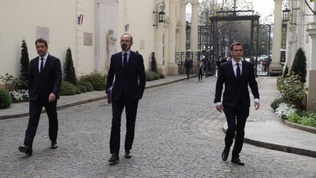 Left to right French Interior Minister Christophe Castaner French Prime Minister Edouard Philippe and French Health and Solidarity Minister Olivier Veran
